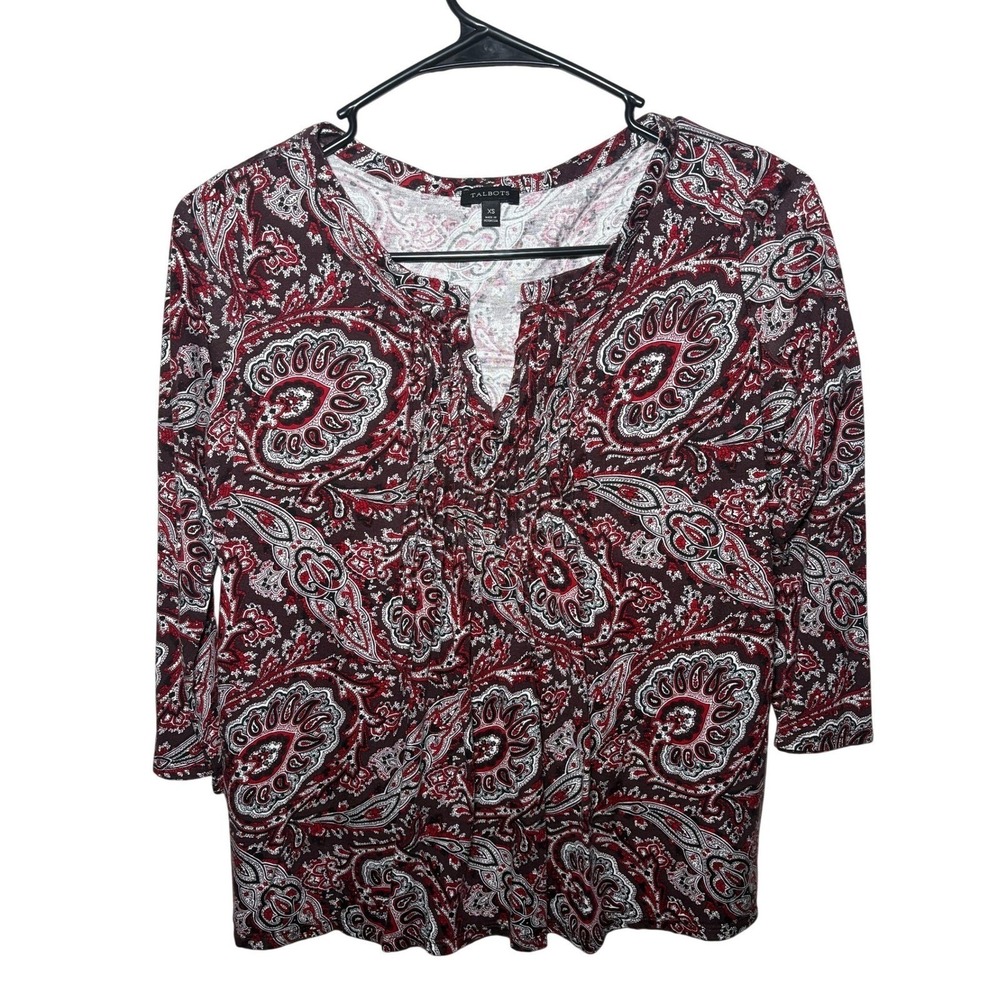 Talbots Boho Womens XS Paisley Pintuck Split Neck Burgundy Red Rayon